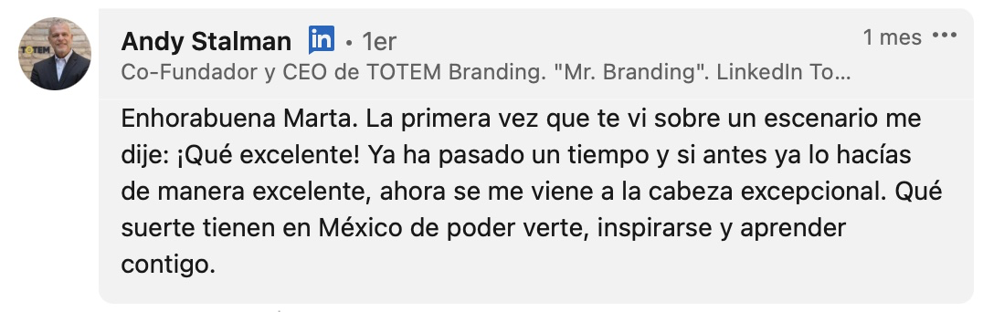 Recomendación de Andy Stalman, Mr. Branding, sobre Marta Iranzo