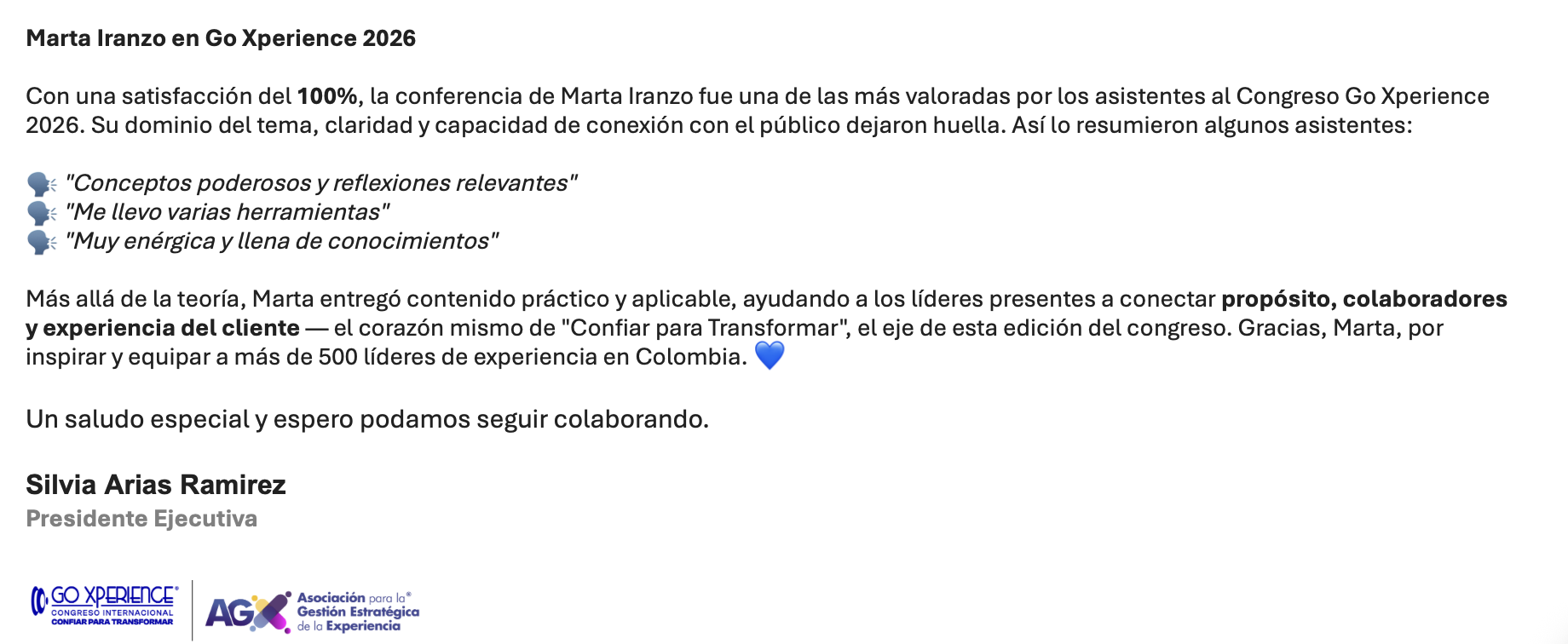 Recomendación de Silvia Arias Ramirez, Presidente Ejecutiva de la Asociación para la Gestión Estratégica de la Experiencia, tras la conferencia de Marta Iranzo en Go Xperience Colombia 2026